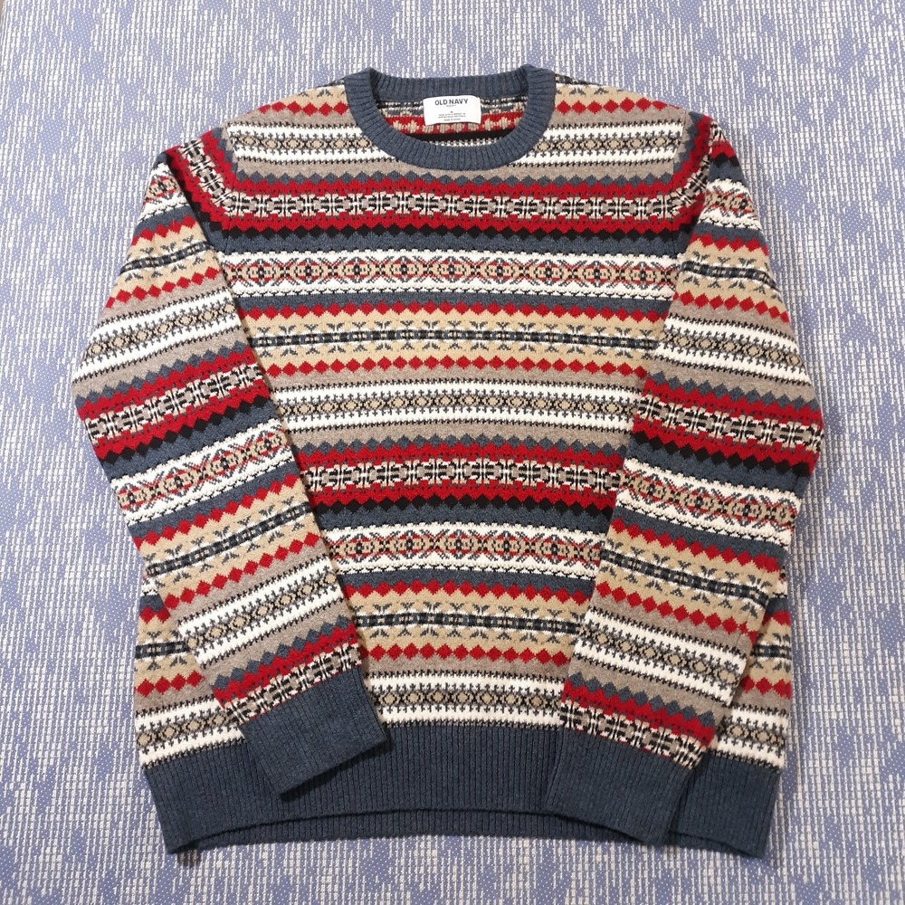 Old Navy Sosoft Sweater Crew Neck Mens Medium Fair Isle Multicolor Cotton Blend